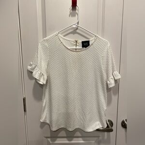 Womens Small White Cream Textured Business Blouse with Ruffle Sleeves